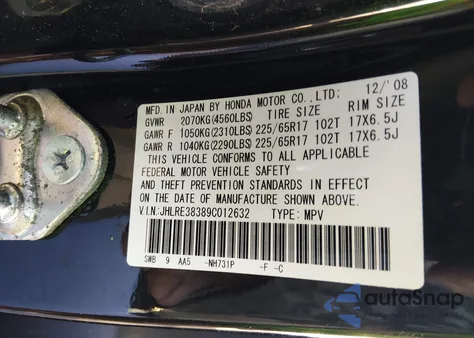 2009 Honda Cr-V Lx z USA, uszkodzony, nr VIN JHLRE38389C012632